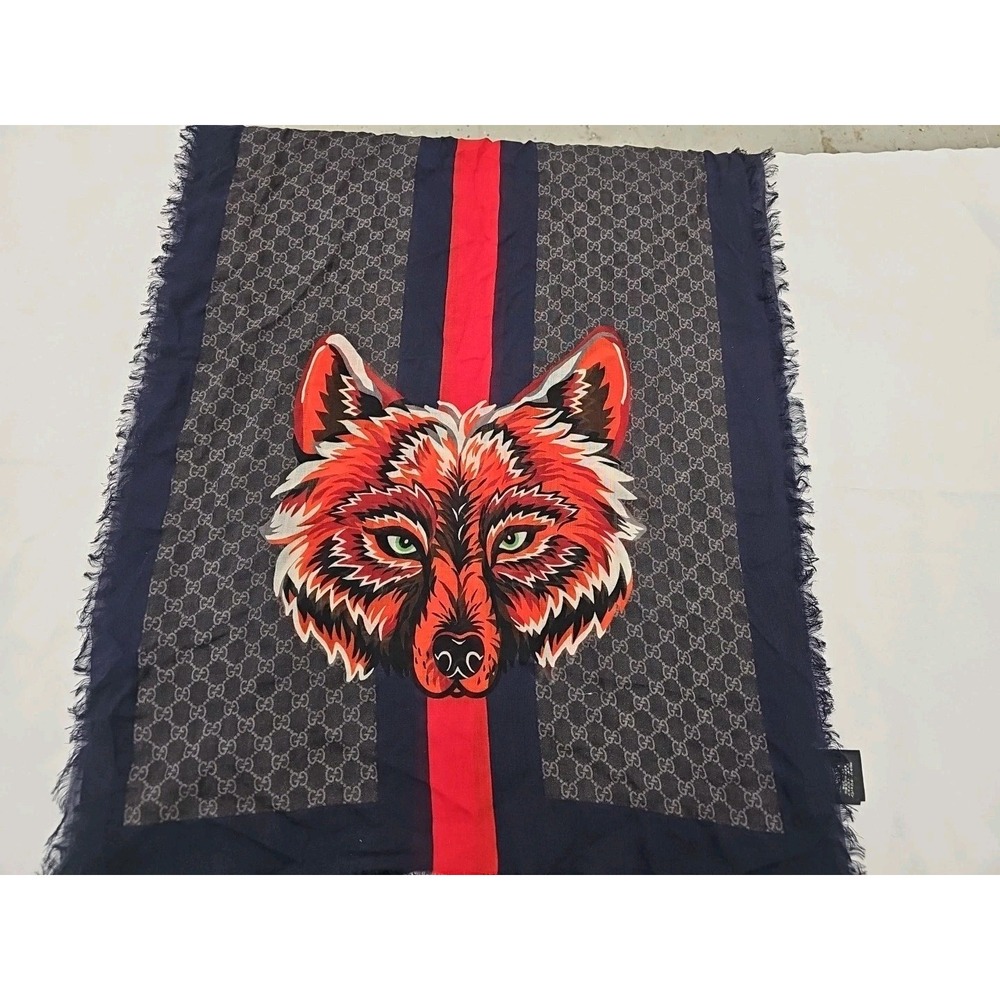 Rare Gucci  Monogram Red Wolf Web Scarf  Grey & Navy 70×200 cm